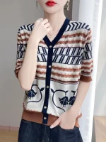 25 뉴 여름 짧은 소매 Lyocell 가짜 카디건 v 넥 쿨 티셔츠 여성 고급 티셔츠 패션 편안한 레저 티셔츠 - 이미지 4