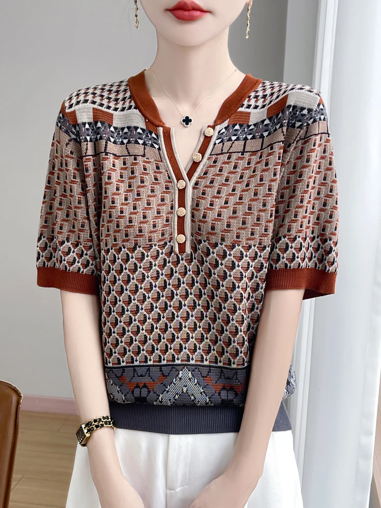 kf-Sb537e8a97ca049bfb50ae38a220d02b40 2025 신상 빅사이즈 여름 반팔 가위넥 티셔츠 여성 고급 티셔츠 패션 편안한 레저 티셔츠 탑 - 이미지 1