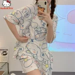 Kawaii Sanrio Anime Cinnamoroll Kuromi 잠옷 여름 단순 패션 섬세한 귀여운 캐주얼 루즈 편안한 부드러운 여성용 세트 선물 - 이미지 6