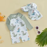 유아 소년 래쉬가드 수영복, 어린이 운동복 저녁 식사 및 게 프린트, 긴 소매 지퍼 목욕 세트, 수영 모자 포함 - 이미지 4