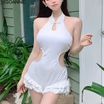 VigoAnne 2025 여성용 섹시한 화이트 수영복, 버지 푸시업 원피스 수영복, 한국 클로즈드 모노키니, 등 파인 할로우 목욕 세트 - 이미지 2