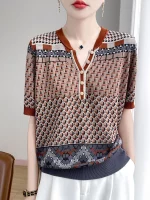 2025 신상 빅사이즈 여름 반팔 가위넥 티셔츠 여성 고급 티셔츠 패션 편안한 레저 티셔츠 탑 - 이미지 5