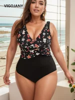 VigoJany 꽃 프린트 플러스 사이즈 수영복 여성 2025 대형 원피스 수영복 숙녀 V 넥 백리스 통통한 큰 수영복 수영 - 이미지 2