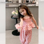 2025 여름 신상 유아 여아 스윗 의류 세트 2종 아동 플리츠 슬링 프린트 탑 베스트 + 크롭 팬츠, 유아 2-7세